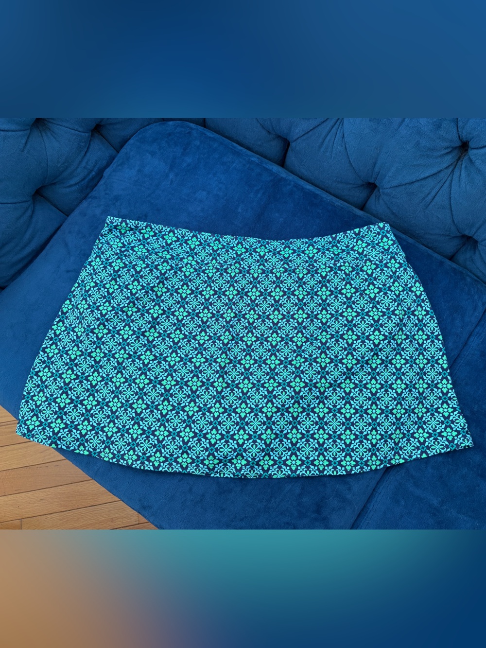 Lands End Navy and Green Geometric Print Swim Skirt SZ 16